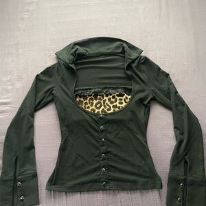 Black Long Sleeve Top with Leopard Detail